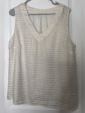 Women's Cream & Gold Striped V-Neck Sleeveless Top 100% linen size xl